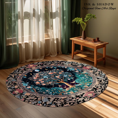 Enchanted Moonlit Tree of Life Area Rug | Romantic Forest Aesthetic Home Decor Vintage Boho Style Housewarming Gift Cozy Bedroom Floor Mat