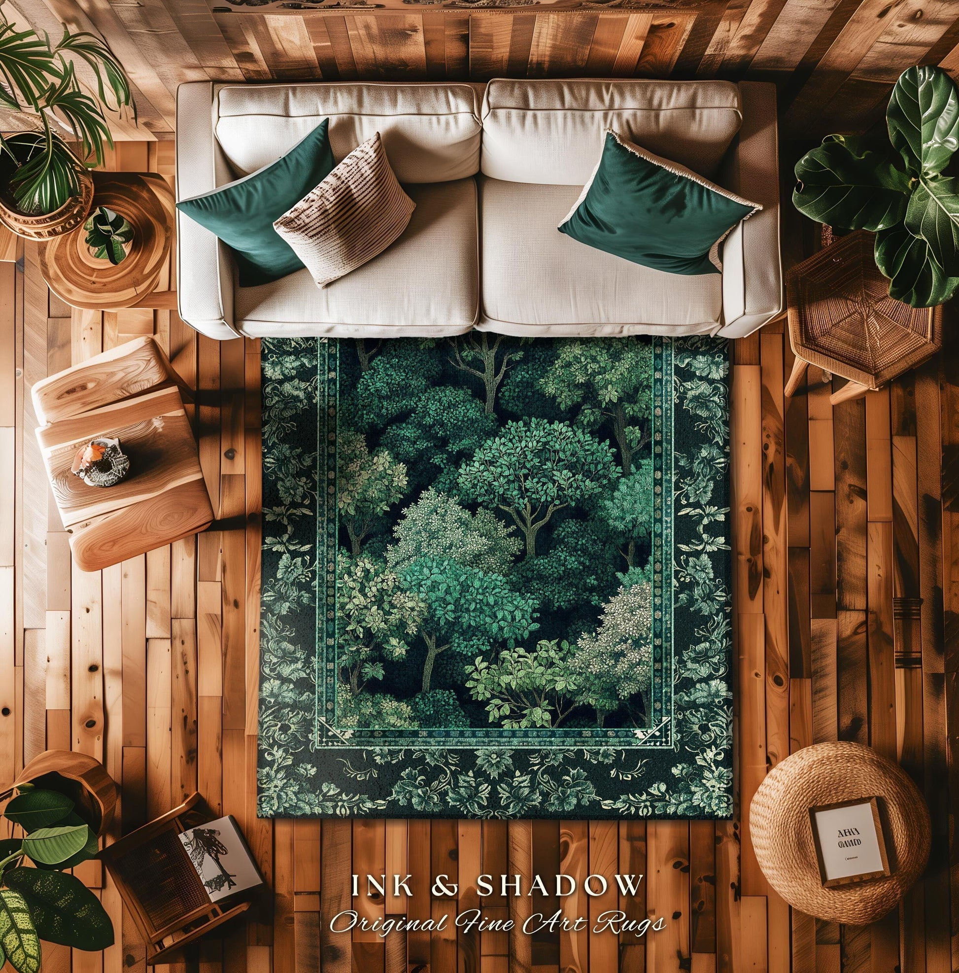 Verdant Greenery Botanical Round Area Rug | Woodland Magical Aesthetic Living Room Green Home Decor Plant Loving Bedroom Gift Emerald Teal |