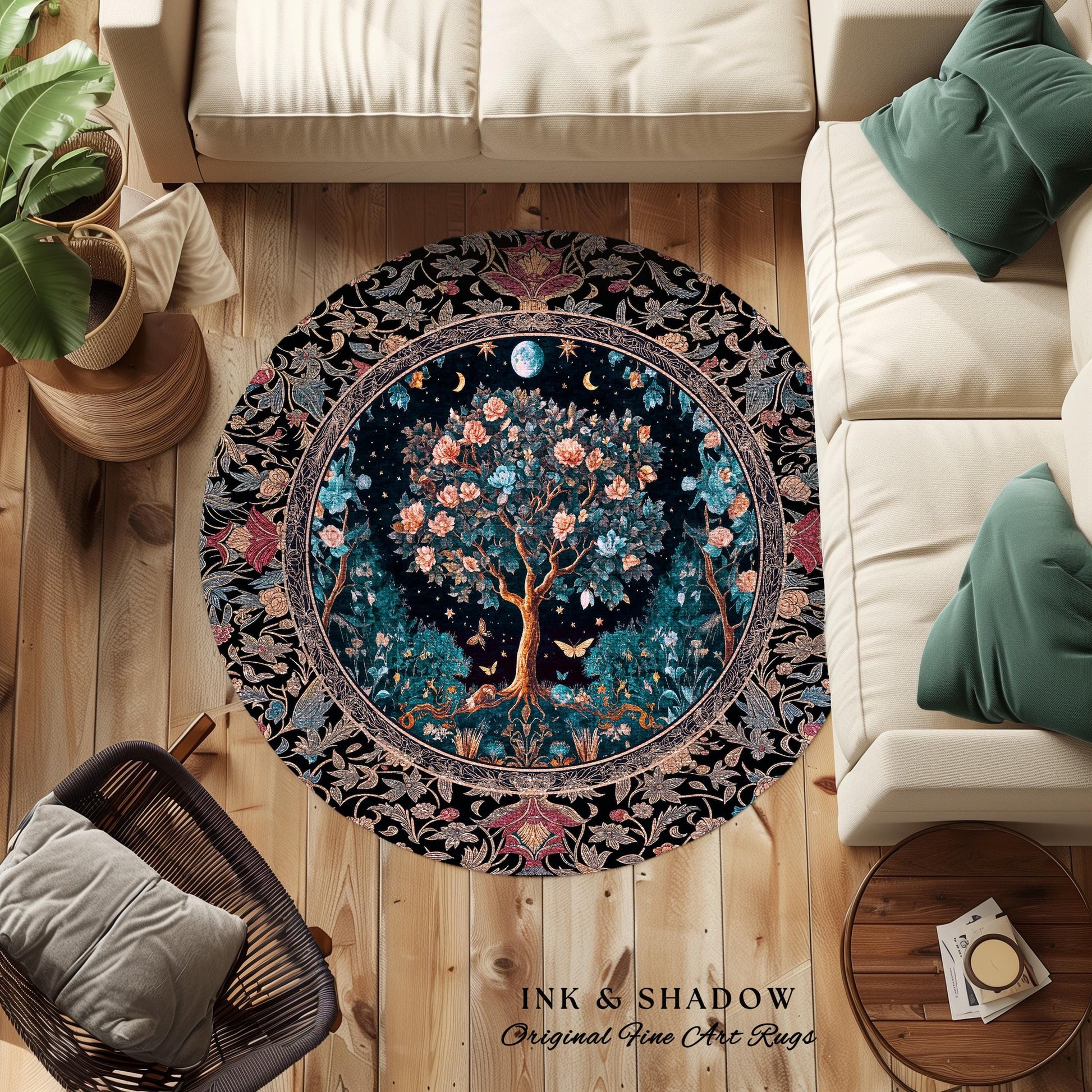 Enchanted Moonlit Tree of Life Area Rug | Romantic Forest Aesthetic Home Decor Vintage Boho Style Housewarming Gift Cozy Bedroom Floor Mat