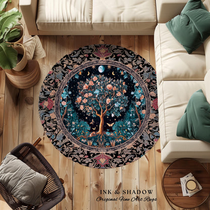 Enchanted Moonlit Tree of Life Area Rug | Romantic Forest Aesthetic Home Decor Vintage Boho Style Housewarming Gift Cozy Bedroom Floor Mat