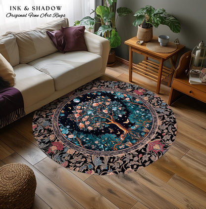 Enchanted Moonlit Tree of Life Area Rug | Romantic Forest Aesthetic Home Decor Vintage Boho Style Housewarming Gift Cozy Bedroom Floor Mat