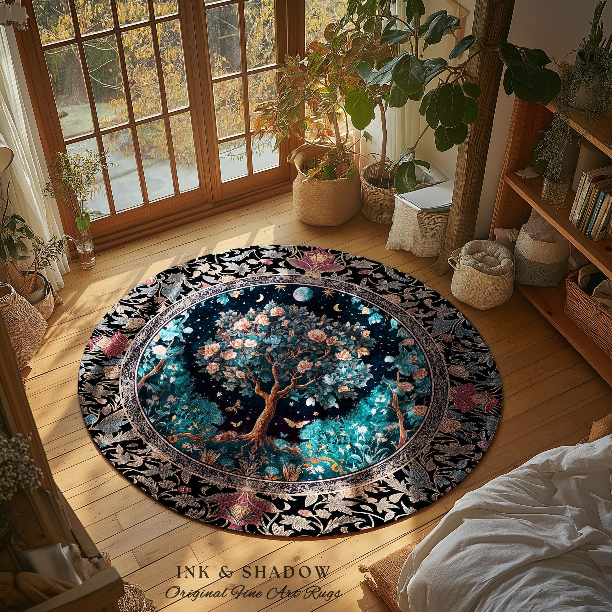 Enchanted Moonlit Tree of Life Area Rug | Romantic Forest Aesthetic Home Decor Vintage Boho Style Housewarming Gift Cozy Bedroom Floor Mat