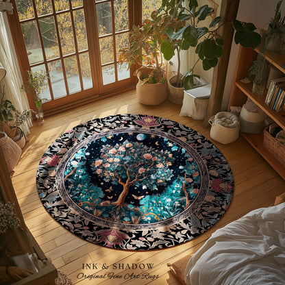 Enchanted Moonlit Tree of Life Area Rug | Romantic Forest Aesthetic Home Decor Vintage Boho Style Housewarming Gift Cozy Bedroom Floor Mat