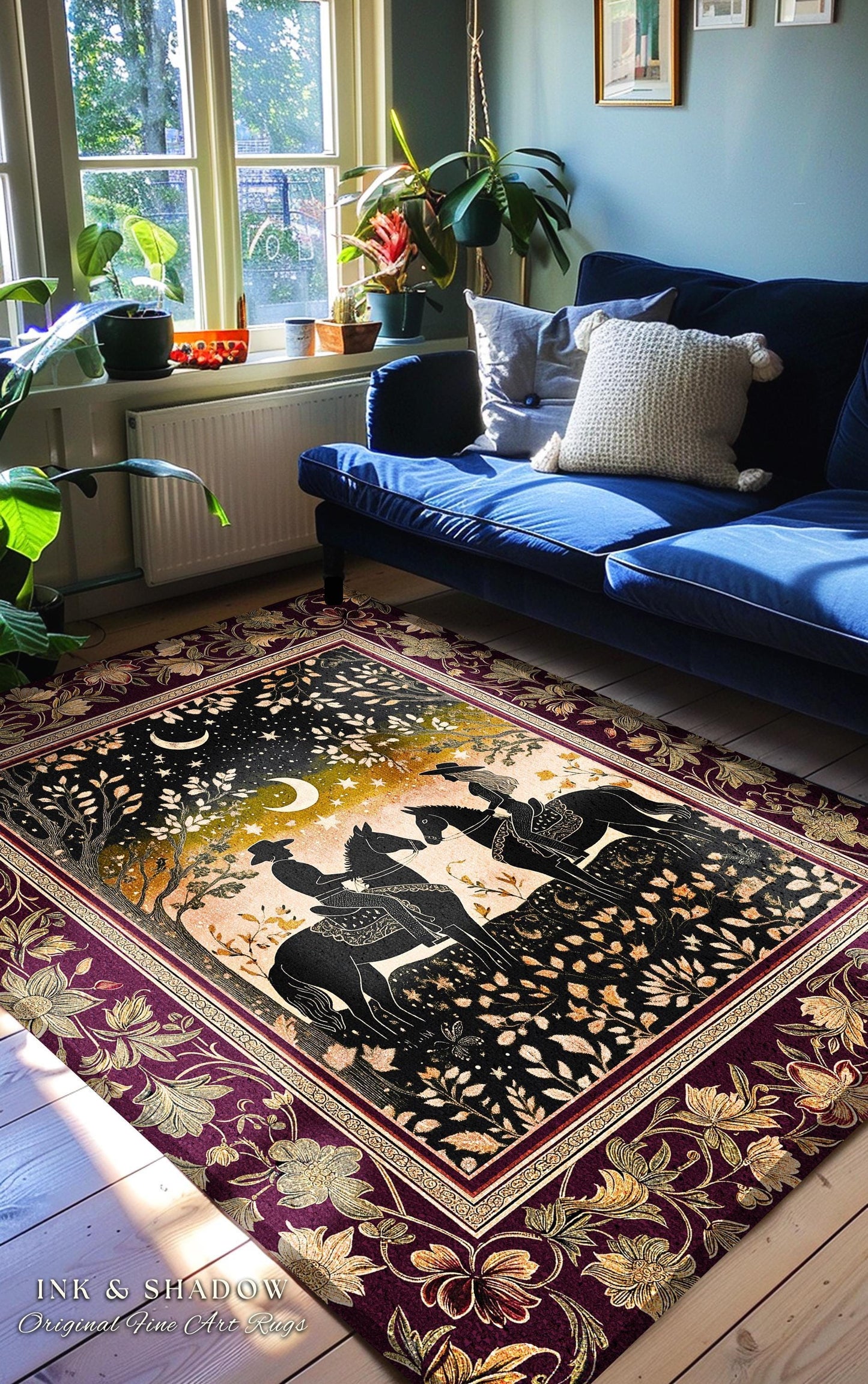 Western Vibe Farmhouse Rug | Ethereal Silhouettes Starry Night Country Western Cowgirl Farmhouse Decor Southwestern Nursery Theme Horse Boho