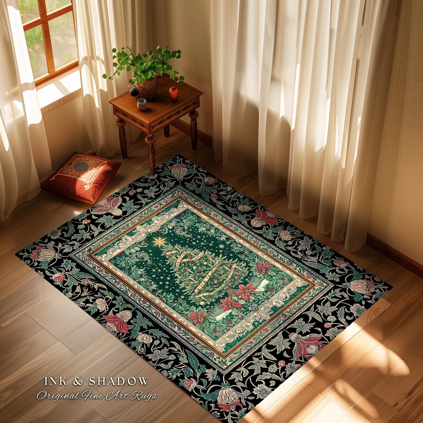 Rustic Festive Holiday Rug | Victorian Style Christmas Tree Floor Art Cozy Festive Decor Cottagecore Winter Floral Border Heirloom Accent