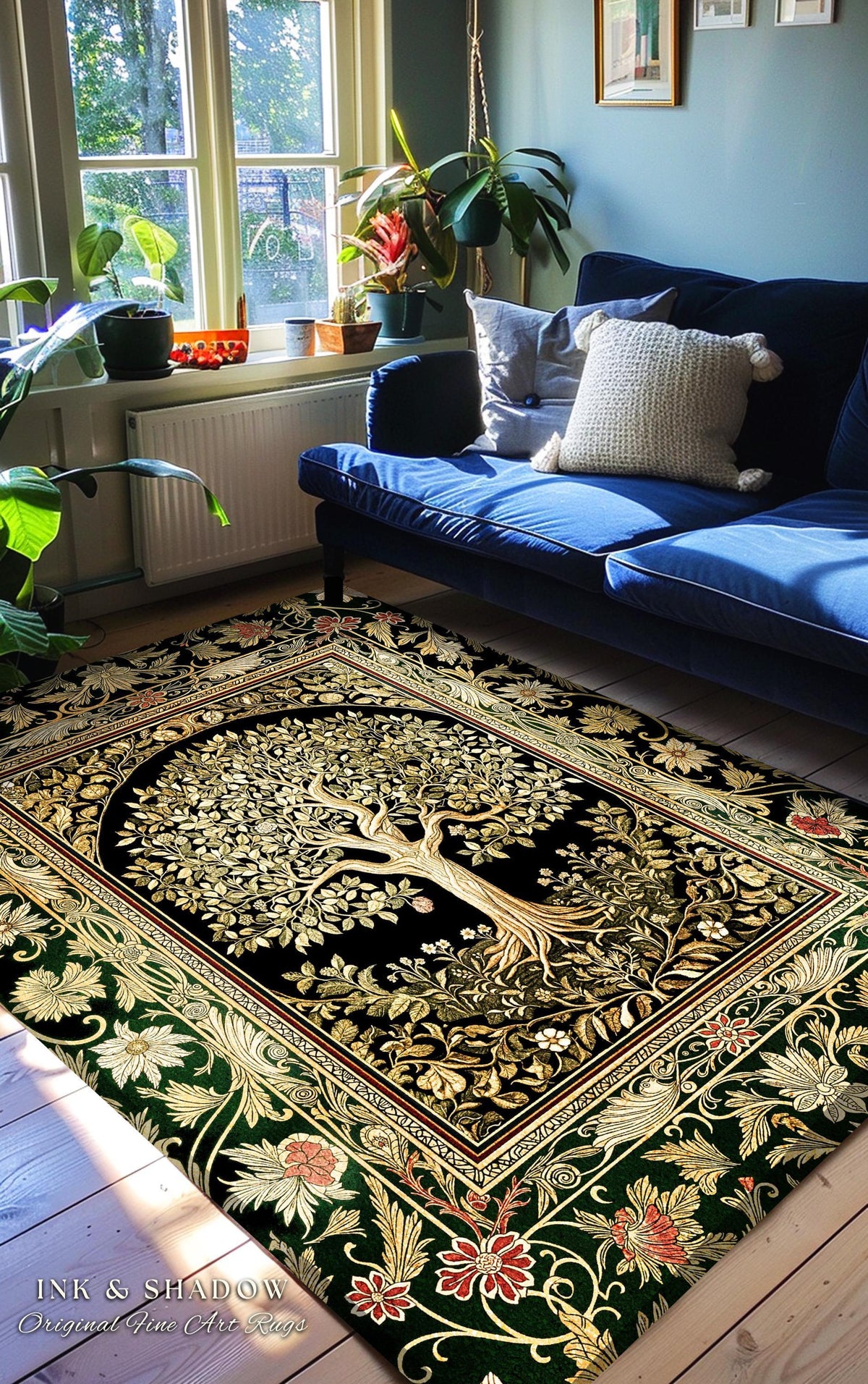 Tree of Life Fairytale Inspired Rug | Celestial Folk Art Decor Cottagecore Folklore Style Aesthetic Housewarming Gift Cozy Bedroom Accent