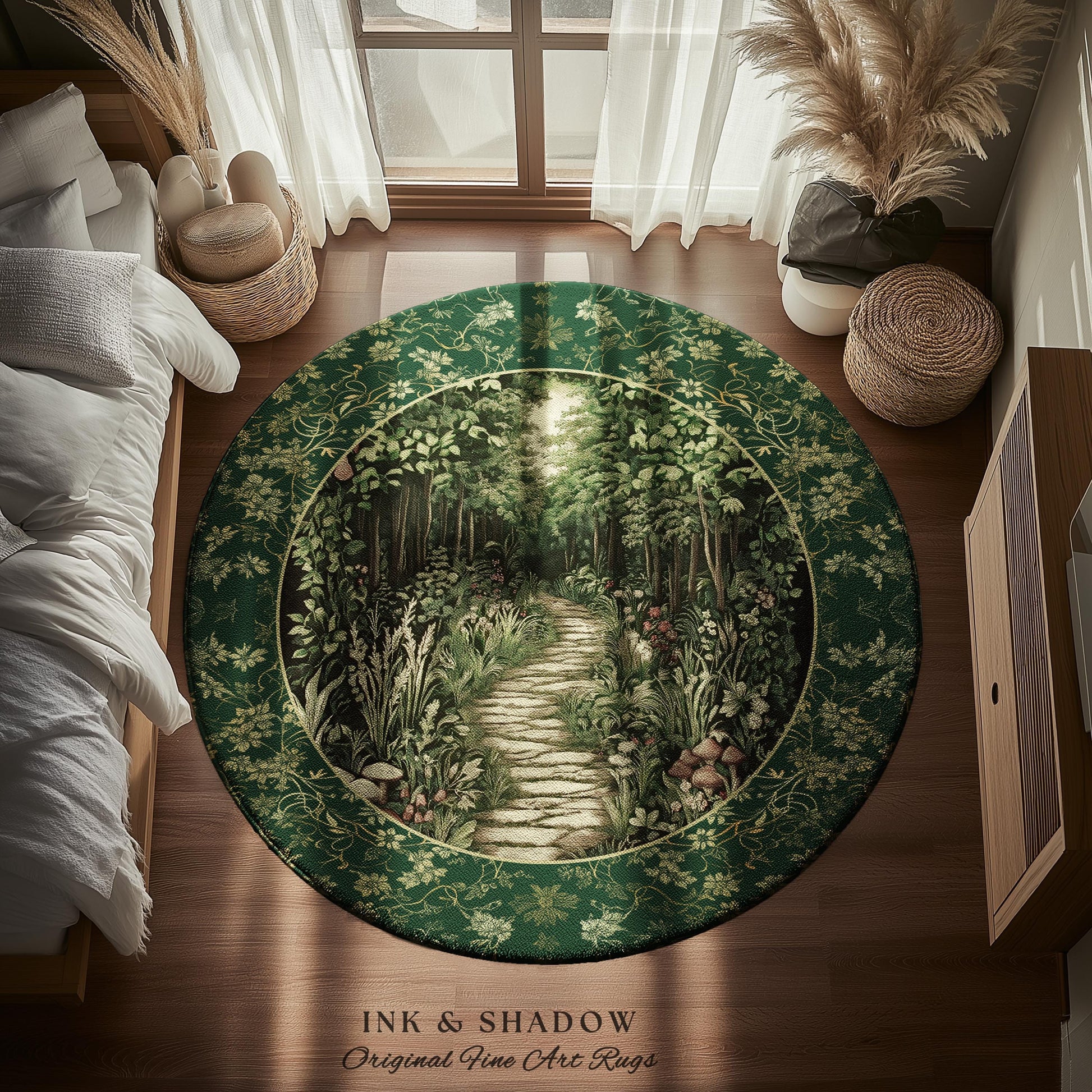 Ethereal Woodland Meadow Rug | Dark Academia Folklore Fairy Core Aesthetic Accent Rug Magical Bedroom Emerald Green Home Decor Botanical |