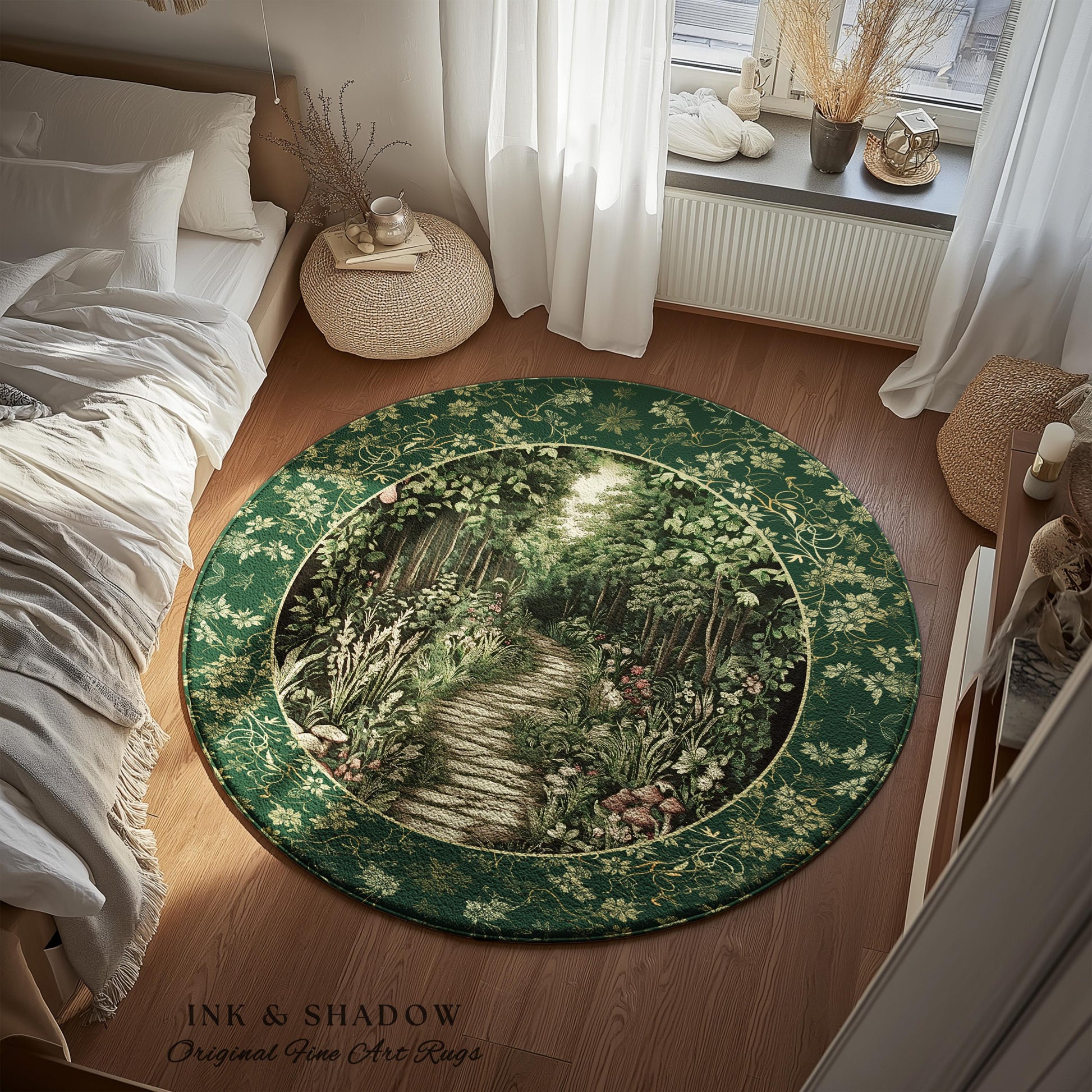 Ethereal Woodland Meadow Rug | Dark Academia Folklore Fairy Core Aesthetic Accent Rug Magical Bedroom Emerald Green Home Decor Botanical |