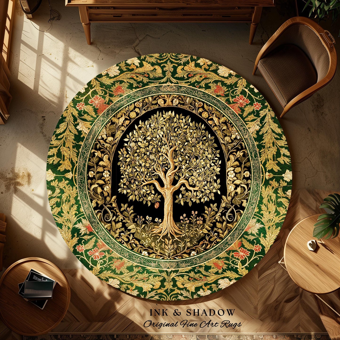 Tree of Life Fairytale Inspired Rug | Celestial Folk Art Decor Cottagecore Folklore Style Aesthetic Housewarming Gift Cozy Bedroom Accent