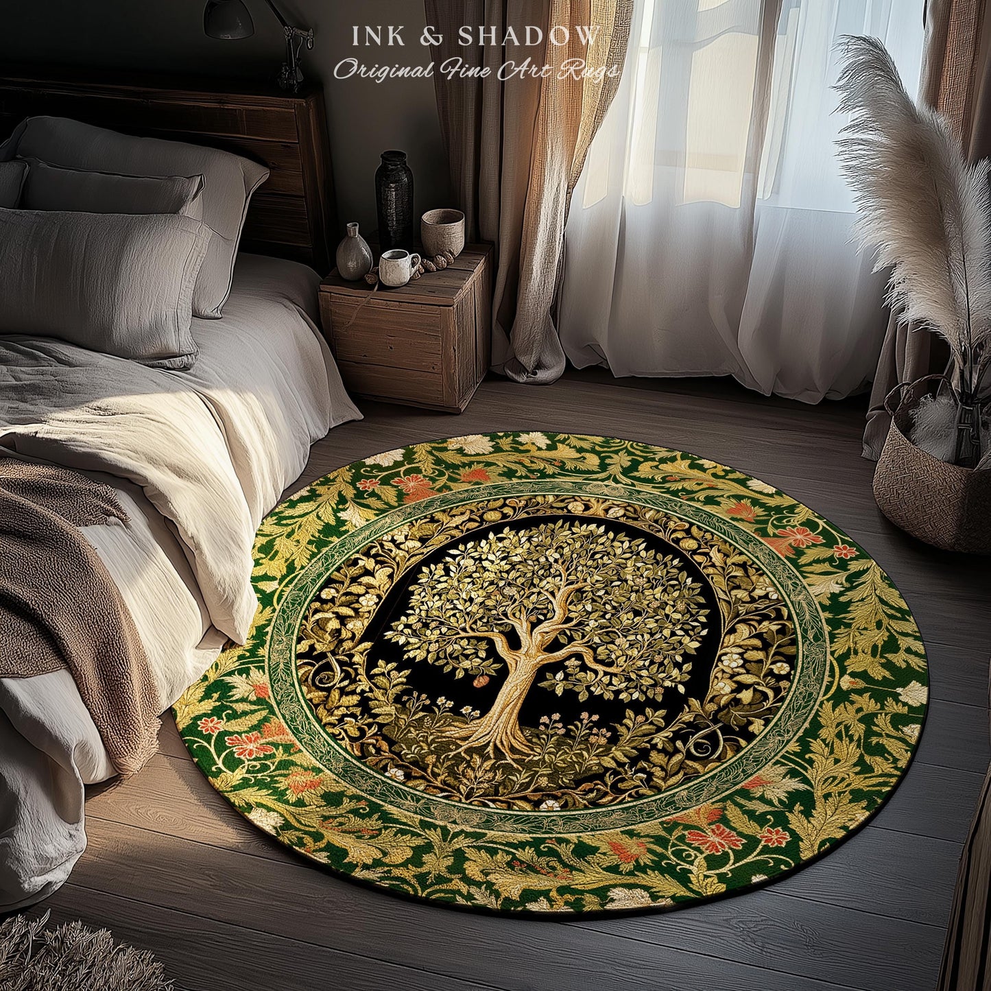 Tree of Life Fairytale Inspired Rug | Celestial Folk Art Decor Cottagecore Folklore Style Aesthetic Housewarming Gift Cozy Bedroom Accent