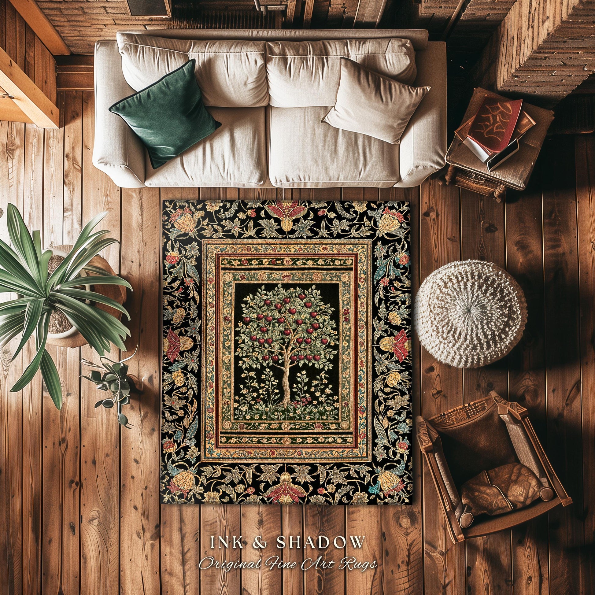 Rustic Garden Cherry Fruit Tree Area Rug | Medieval Floral Motif Gothic Botanical Decor Romantic Baroque Vintage Style Floor Art Mat Accent