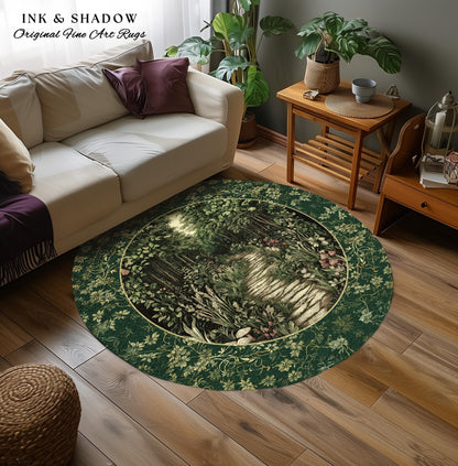 Ethereal Woodland Meadow Rug | Dark Academia Folklore Fairy Core Aesthetic Accent Rug Magical Bedroom Emerald Green Home Decor Botanical |
