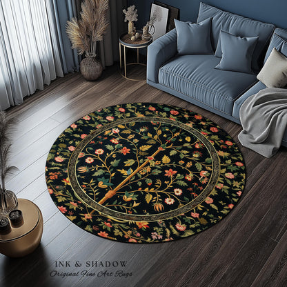 Whimsical Floral Folk Art Tree Rug, Enchanted Garden Aesthetic Rustic Cottagecore Decor Ethereal Home Accent Victorian Fairytale Living Room