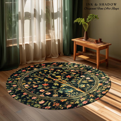 Whimsical Floral Folk Art Tree Rug, Enchanted Garden Aesthetic Rustic Cottagecore Decor Ethereal Home Accent Victorian Fairytale Living Room