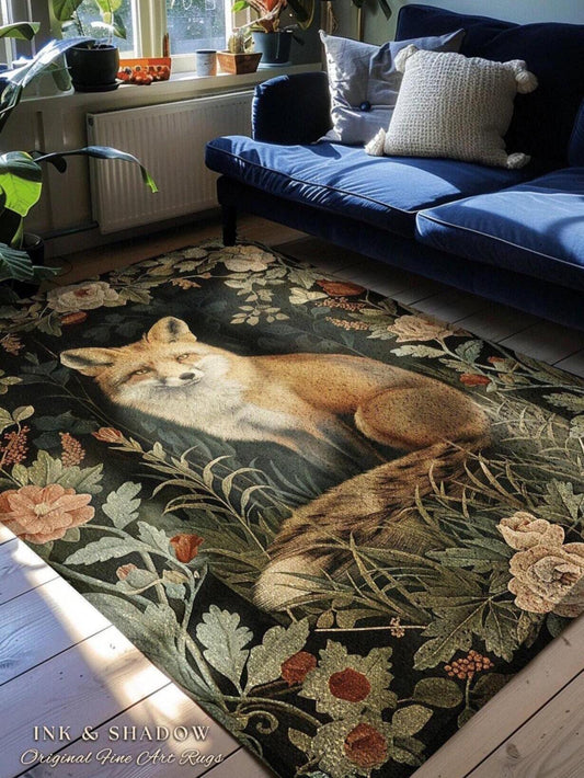 Forest Fox Botanical Floor Mat | Fairycore Room Decor William Morris Inspired Rug Woodland Boho Bedroom Rug Ethereal Decoration Cottagecore