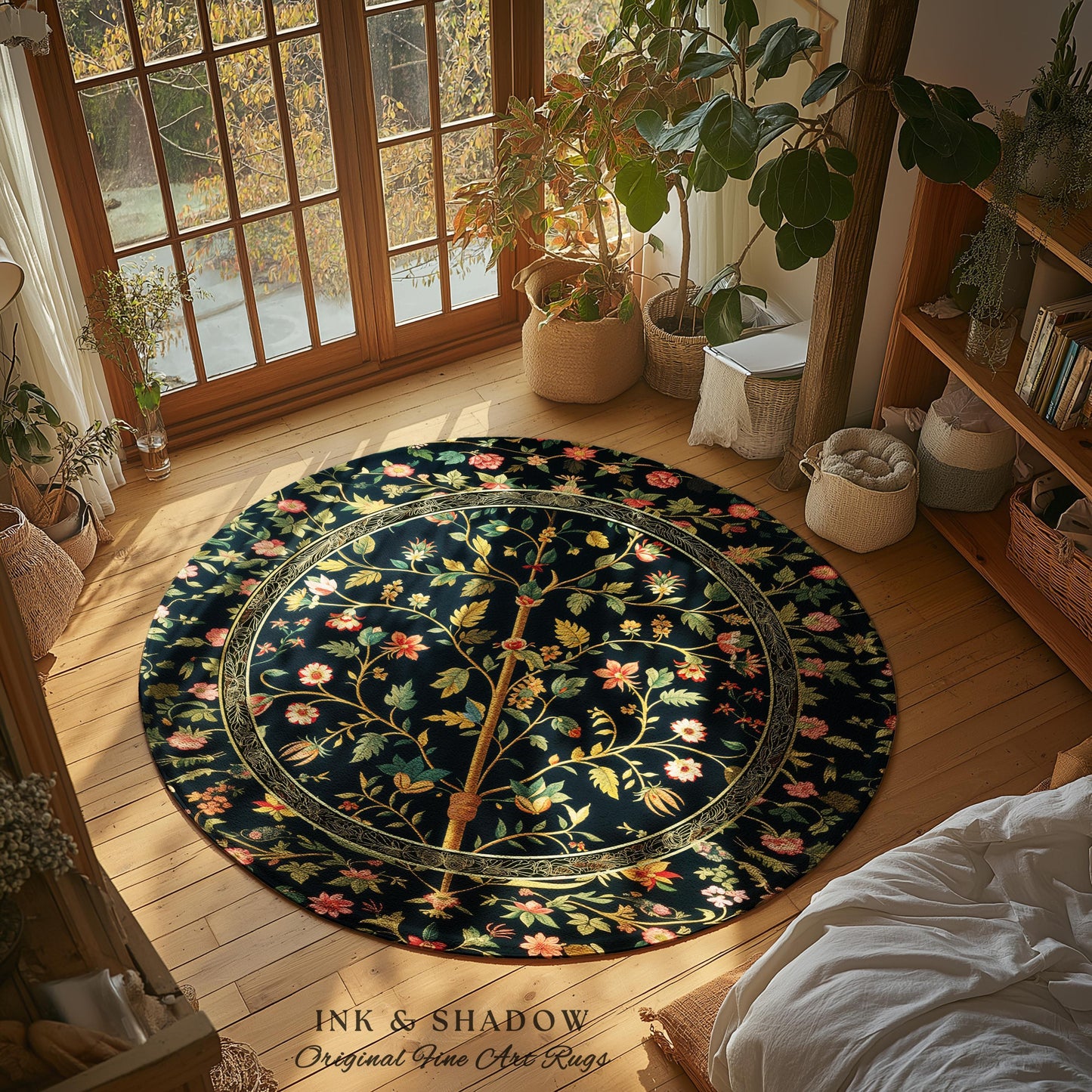 Whimsical Floral Folk Art Tree Rug, Enchanted Garden Aesthetic Rustic Cottagecore Decor Ethereal Home Accent Victorian Fairytale Living Room