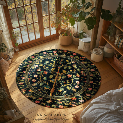 Whimsical Floral Folk Art Tree Rug, Enchanted Garden Aesthetic Rustic Cottagecore Decor Ethereal Home Accent Victorian Fairytale Living Room