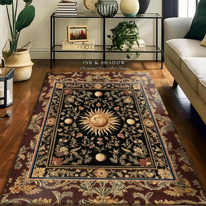 Regal Rococo Skies Celestial Area Rug | Enchanted Celestial Witchy Astrology Boho Maximalist Decor Sun and Moon Tarot Inspired Gothic Accent