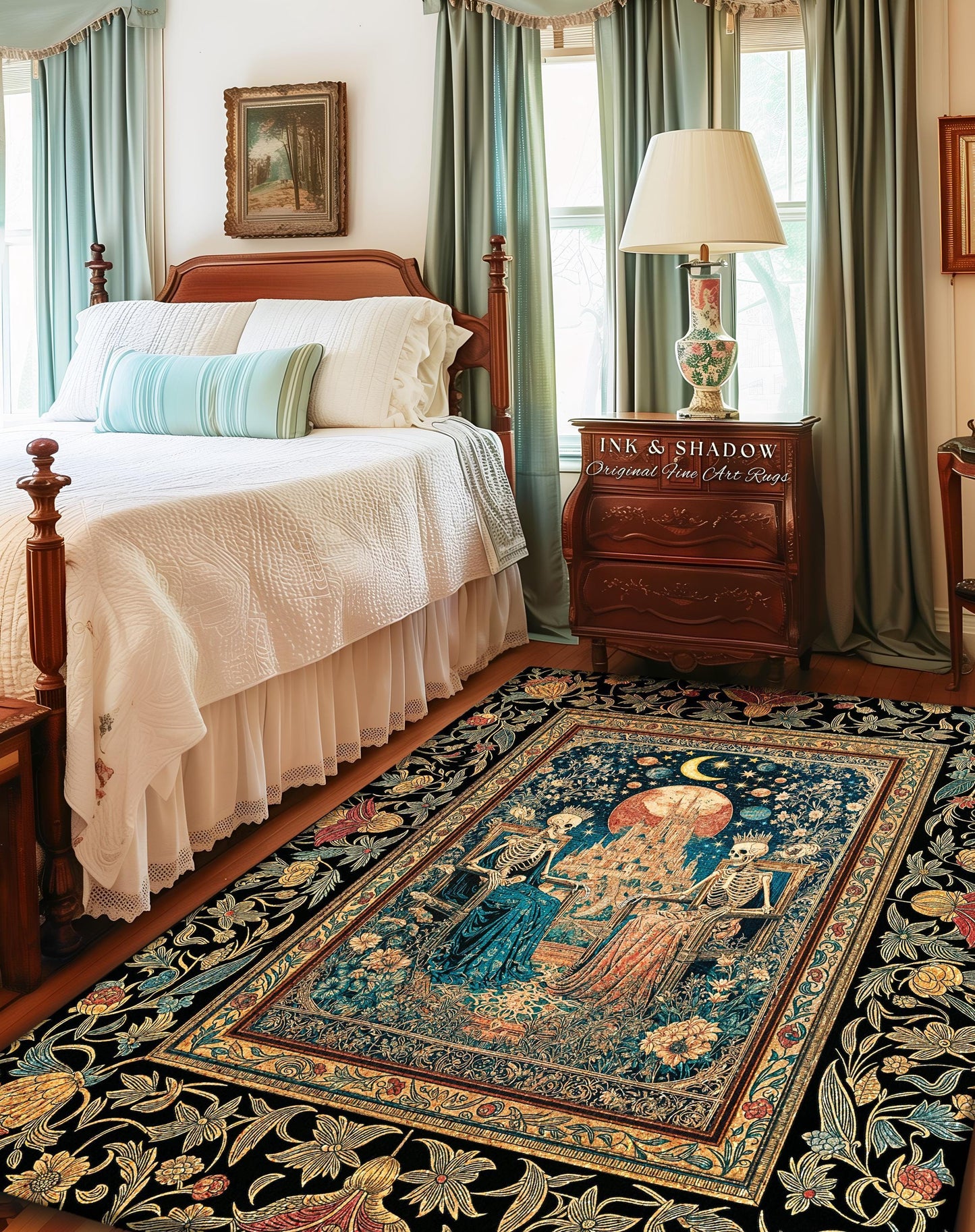Golden Garden Skeleton Couple Rug | Celestial Gothic Lovers Moonlit Romance Baroque Floral Gothic Fairytale Magic Bedroom Accent Rug Mystic