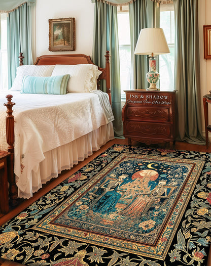 Golden Garden Skeleton Couple Rug | Celestial Gothic Lovers Moonlit Romance Baroque Floral Gothic Fairytale Magic Bedroom Accent Rug Mystic