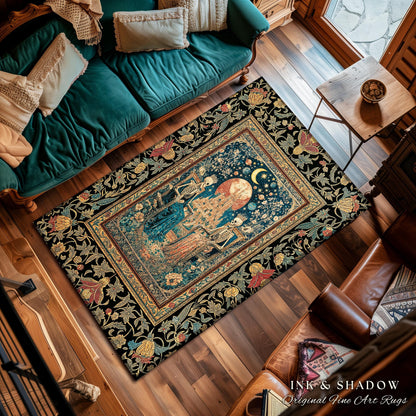Golden Garden Skeleton Couple Rug | Celestial Gothic Lovers Moonlit Romance Baroque Floral Gothic Fairytale Magic Bedroom Accent Rug Mystic