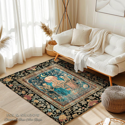 Golden Garden Skeleton Couple Rug | Celestial Gothic Lovers Moonlit Romance Baroque Floral Gothic Fairytale Magic Bedroom Accent Rug Mystic
