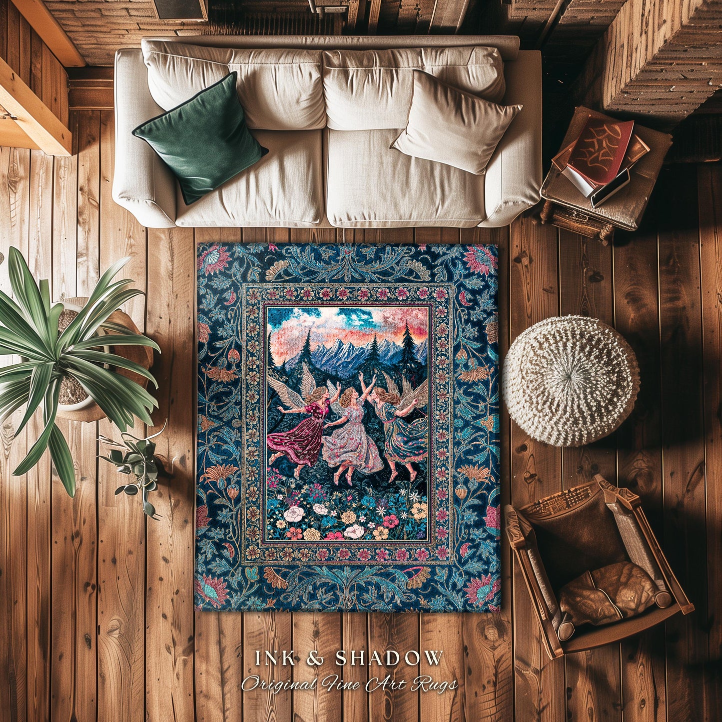 Playful Woodland Fairies Accent Rug | Dreamy Enchanted Fairytale Fairycore Medieval Bedroom Decor Cottagecore Whimsical Folklore Vibe Cozy