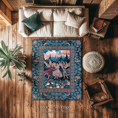 Playful Woodland Fairies Accent Rug | Dreamy Enchanted Fairytale Fairycore Medieval Bedroom Decor Cottagecore Whimsical Folklore Vibe Cozy