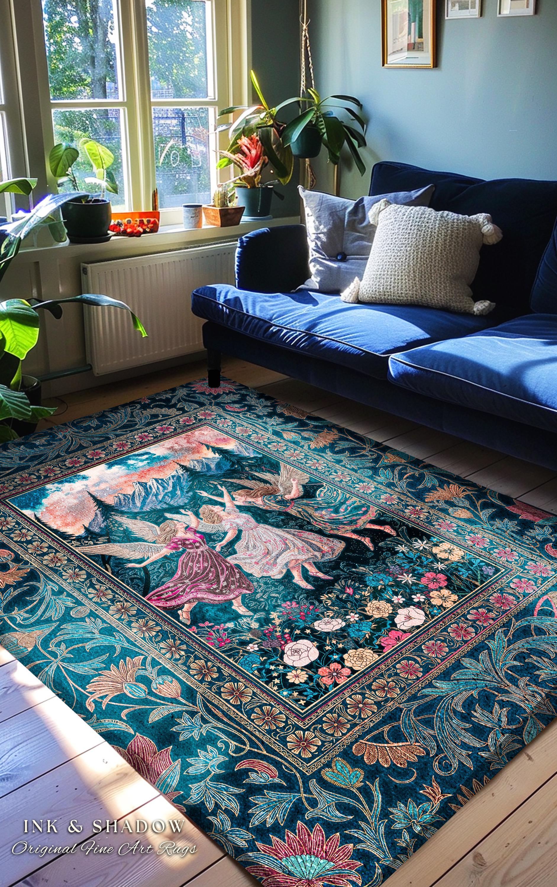 Playful Woodland Fairies Accent Rug | Dreamy Enchanted Fairytale Fairycore Medieval Bedroom Decor Cottagecore Whimsical Folklore Vibe Cozy