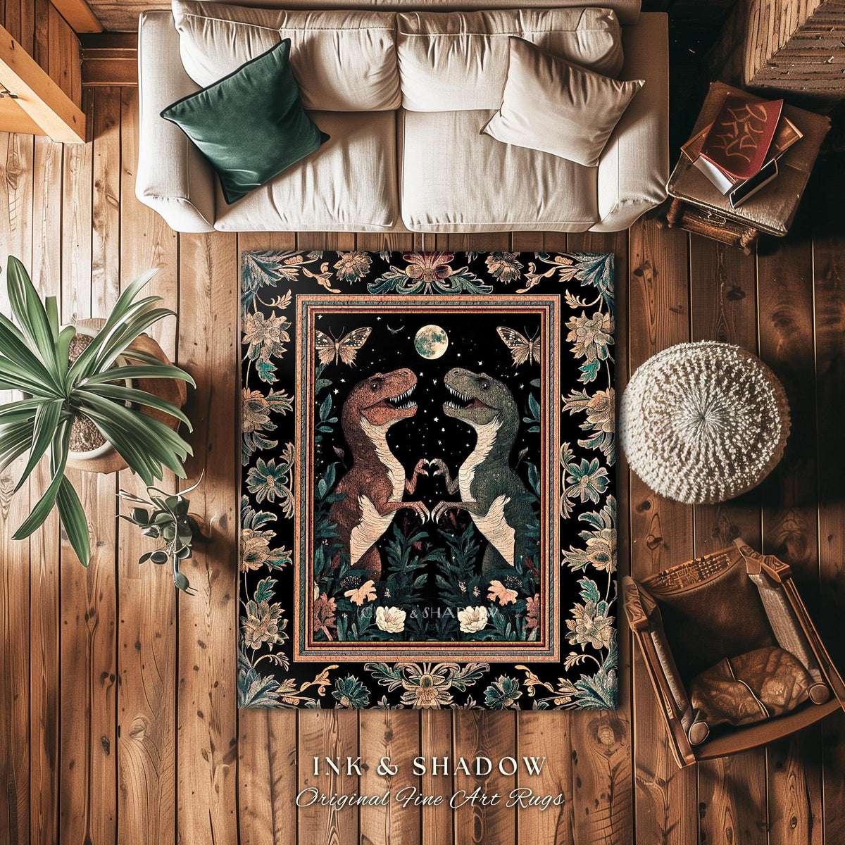 T-Rex Whimsical Academia Area Rug | Dinosaur Accent Rug Ornate Medieval Nightscape Vintage Dark Woodland Gothic Moonlit Moth Bedroom Cute |
