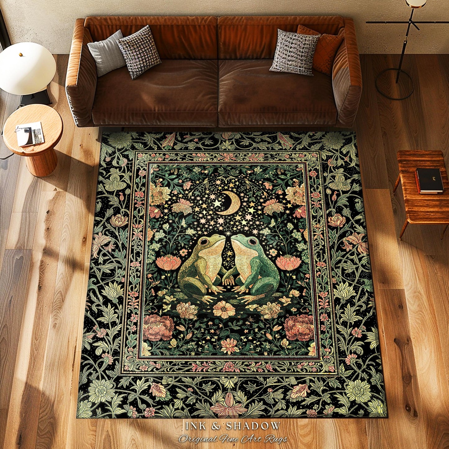 Moonlit Celestial Frog Lovers Area Rug | Fairycore Bedroom Accent Folklore Enchanted Forest Fairy Inspired Decor Cottagecore Whimsy Floral |