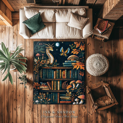 Midnight Magic Literary Dragon Rug Mystic Moon Bookish Home | Whimsigothic Enchanted Academia Art Bookshelf Book Lovers Folklore Fairytale