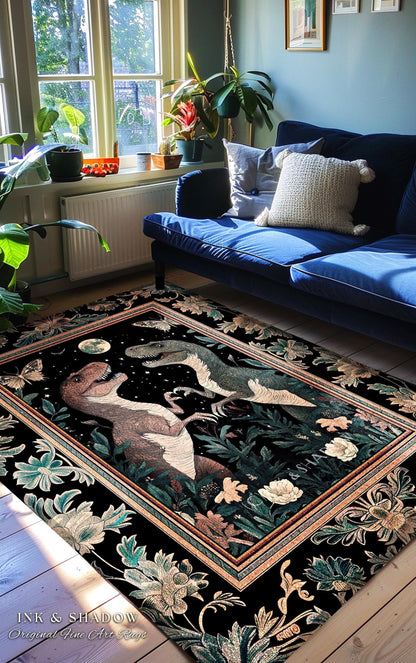 T-Rex Whimsical Academia Area Rug | Dinosaur Accent Rug Ornate Medieval Nightscape Vintage Dark Woodland Gothic Moonlit Moth Bedroom Cute |