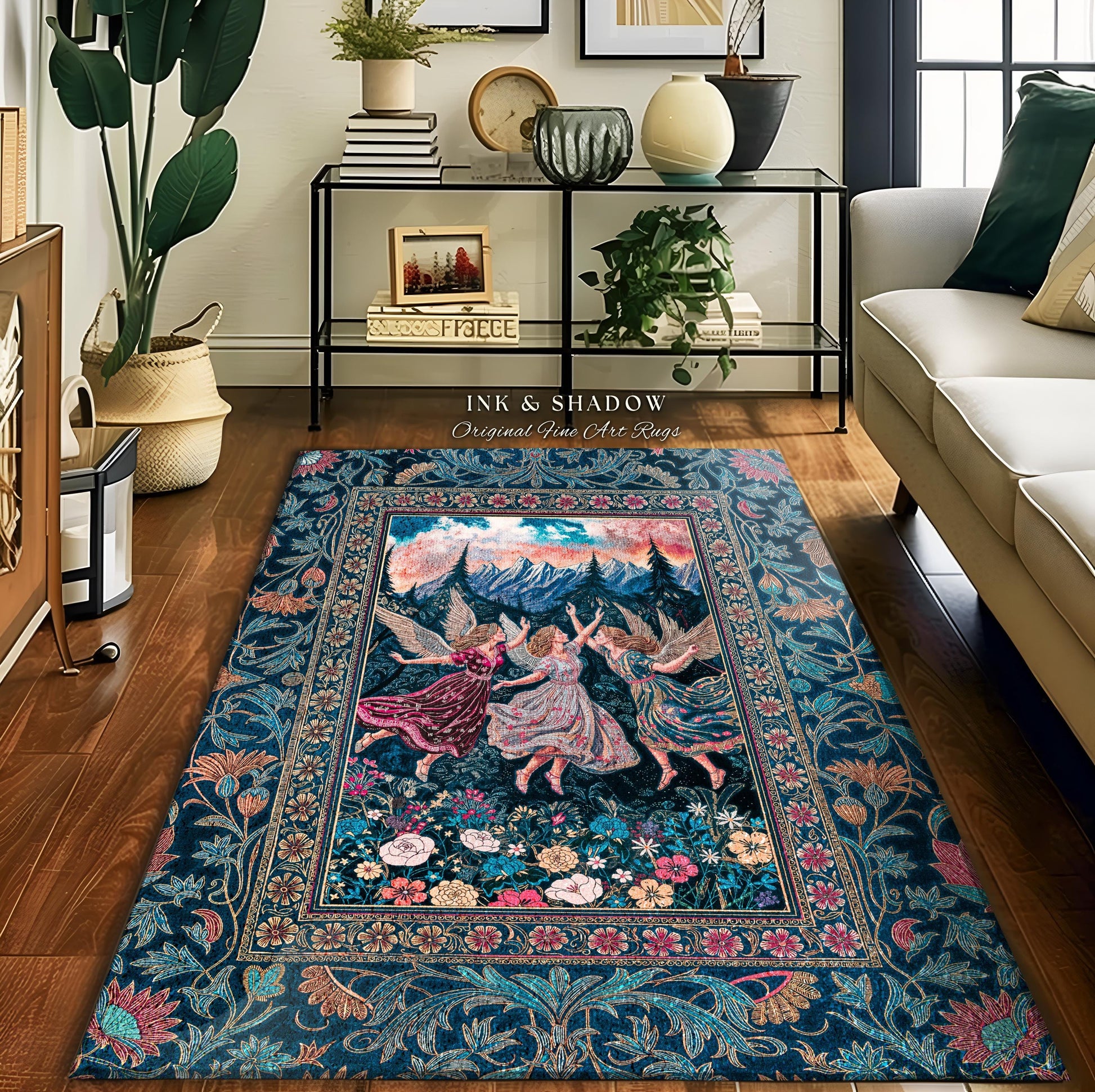 Playful Woodland Fairies Accent Rug | Dreamy Enchanted Fairytale Fairycore Medieval Bedroom Decor Cottagecore Whimsical Folklore Vibe Cozy