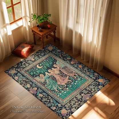 Moonlit Midsummer Night Angel Area Rug | Ethereal Folklore Fairy Decor Cottagecore Medieval Dreamy Bedroom Accent Fairycore Dark Academia |