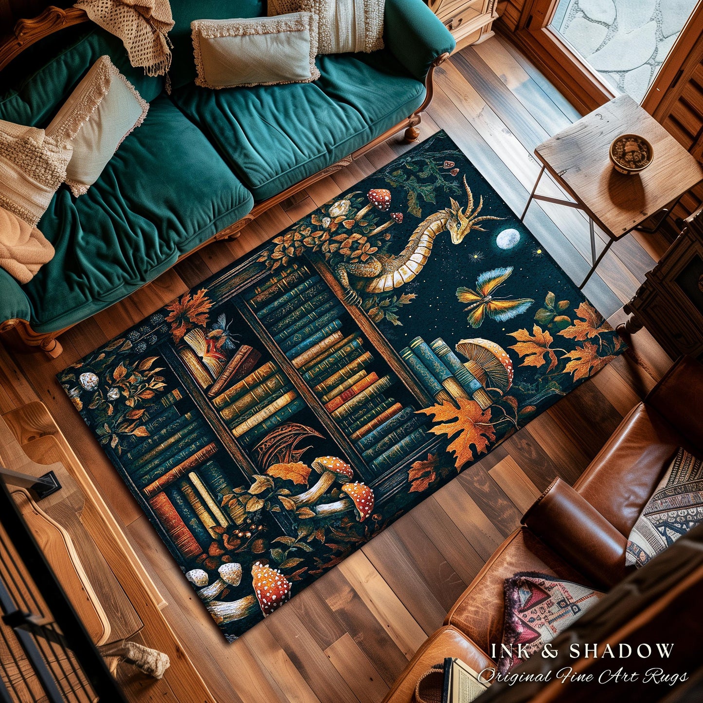 Midnight Magic Literary Dragon Rug Mystic Moon Bookish Home | Whimsigothic Enchanted Academia Art Bookshelf Book Lovers Folklore Fairytale