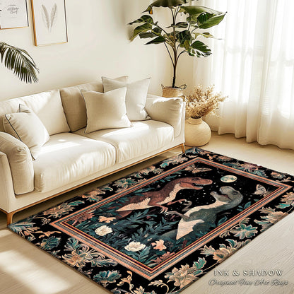 T-Rex Whimsical Academia Area Rug | Dinosaur Accent Rug Ornate Medieval Nightscape Vintage Dark Woodland Gothic Moonlit Moth Bedroom Cute |