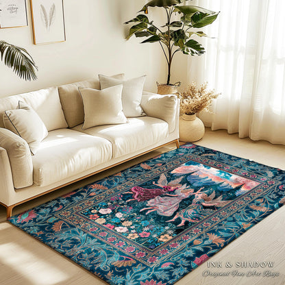 Playful Woodland Fairies Accent Rug | Dreamy Enchanted Fairytale Fairycore Medieval Bedroom Decor Cottagecore Whimsical Folklore Vibe Cozy