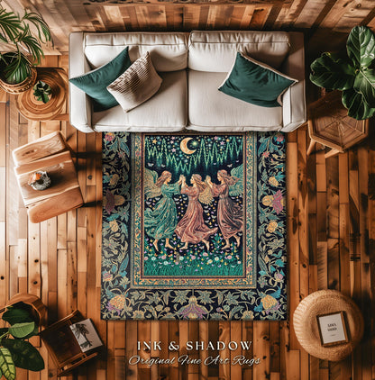Moonlit Midsummer Night Angel Area Rug | Ethereal Folklore Fairy Decor Cottagecore Medieval Dreamy Bedroom Accent Fairycore Dark Academia |