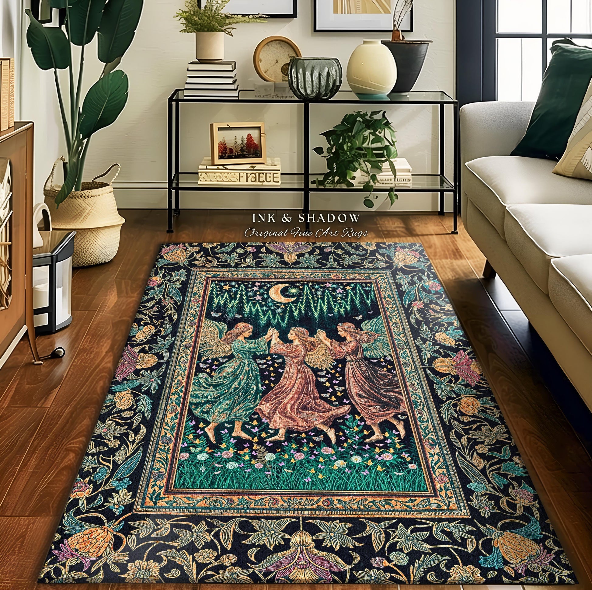Moonlit Midsummer Night Angel Area Rug | Ethereal Folklore Fairy Decor Cottagecore Medieval Dreamy Bedroom Accent Fairycore Dark Academia |