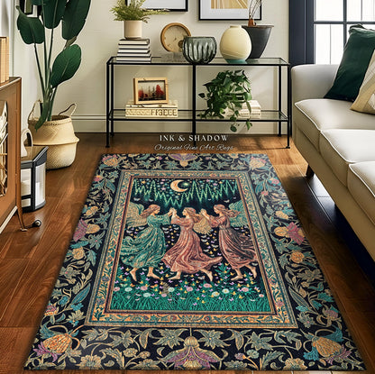 Moonlit Midsummer Night Angel Area Rug | Ethereal Folklore Fairy Decor Cottagecore Medieval Dreamy Bedroom Accent Fairycore Dark Academia |
