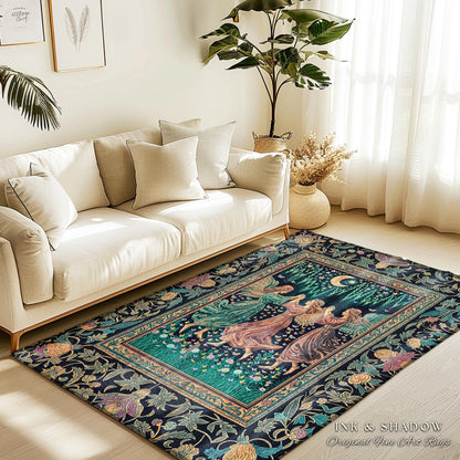Moonlit Midsummer Night Angel Area Rug | Ethereal Folklore Fairy Decor Cottagecore Medieval Dreamy Bedroom Accent Fairycore Dark Academia |