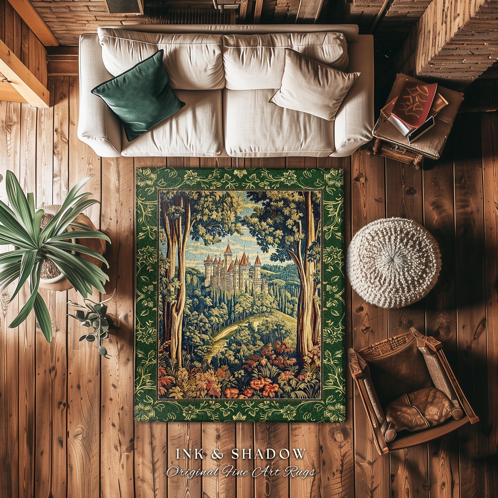Fairytale Aesthetic Castle Round Rug | Fairycore Large Area Rug Folklore Inspired Magical Woodland Bedroom Decor Whimsigothic Mat Ethereal |