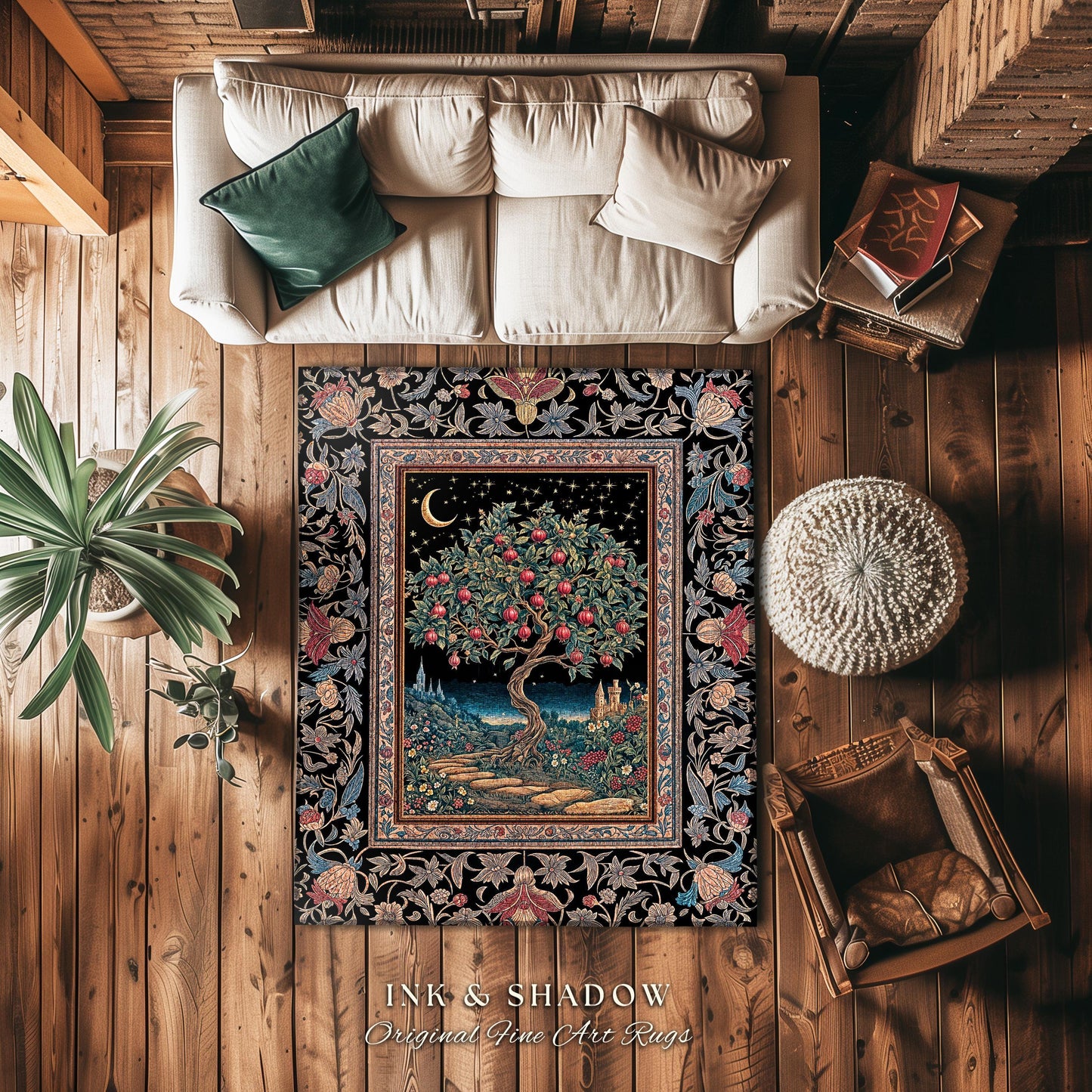 Twilight Orchard Tree of Life Round Rug | Enchanted Harvest Aesthetic Crimson Medieval Moonlit Magic Art Eclectic Interior Home Floor Accent