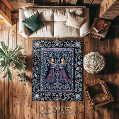 Witchy Sisters Arcane Forest Area Rug | Celestial Witchcraft Baroque Folklore Bedroom Accent Fairytale Gothic Storybook Aesthetic Moody Goth