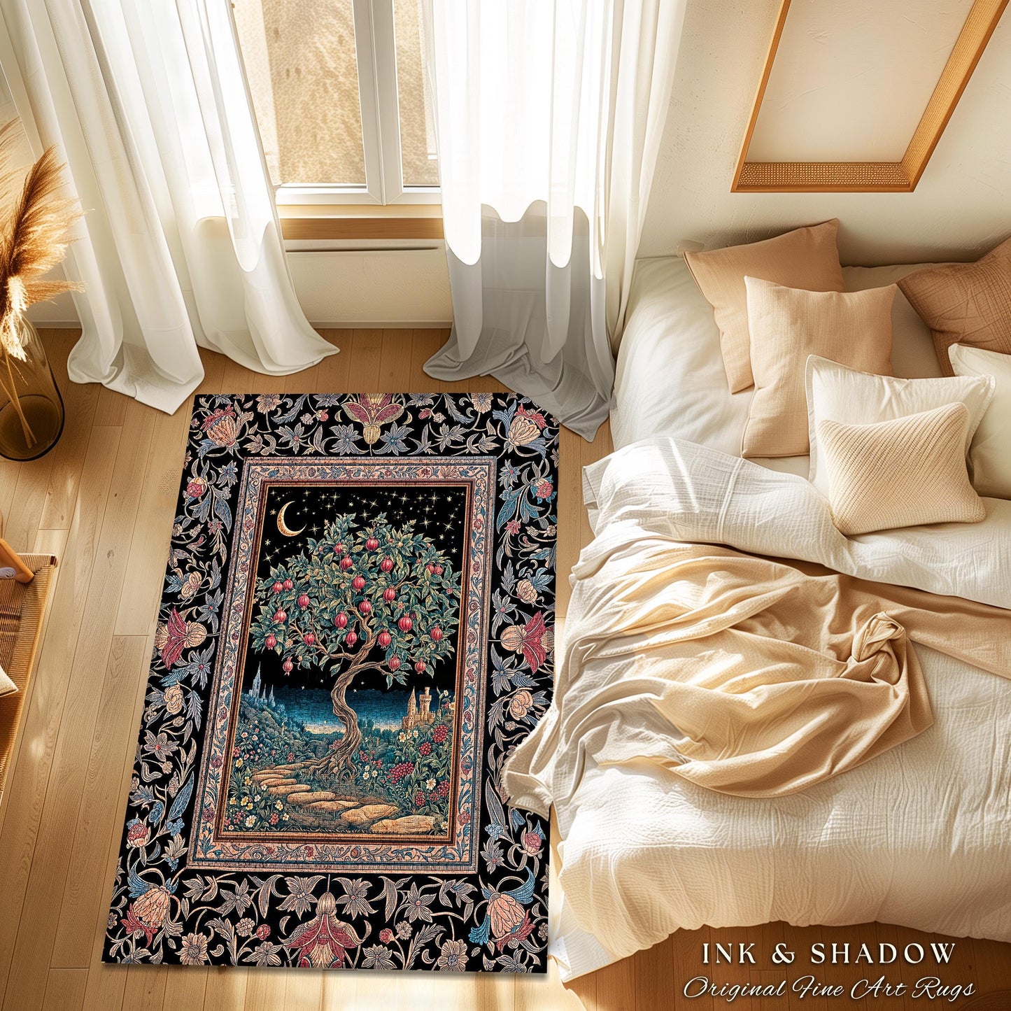 Twilight Orchard Tree of Life Round Rug | Enchanted Harvest Aesthetic Crimson Medieval Moonlit Magic Art Eclectic Interior Home Floor Accent