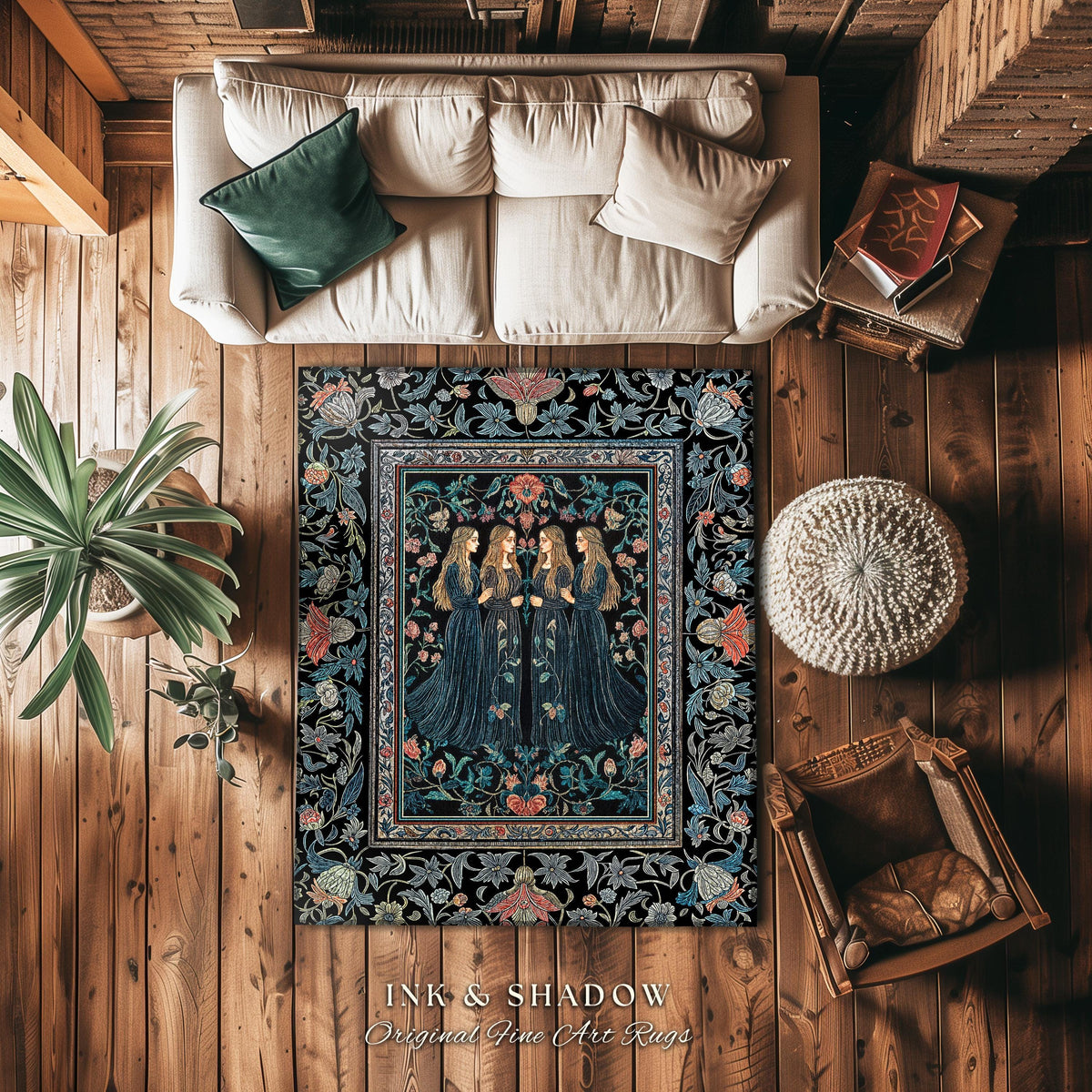 Elegant Medieval Storybook Area Rug | Ornate Botanical Enchantment Dark Gothic Romance Folk Art Renaissance Magic Aesthetic Bedroom Witchy |