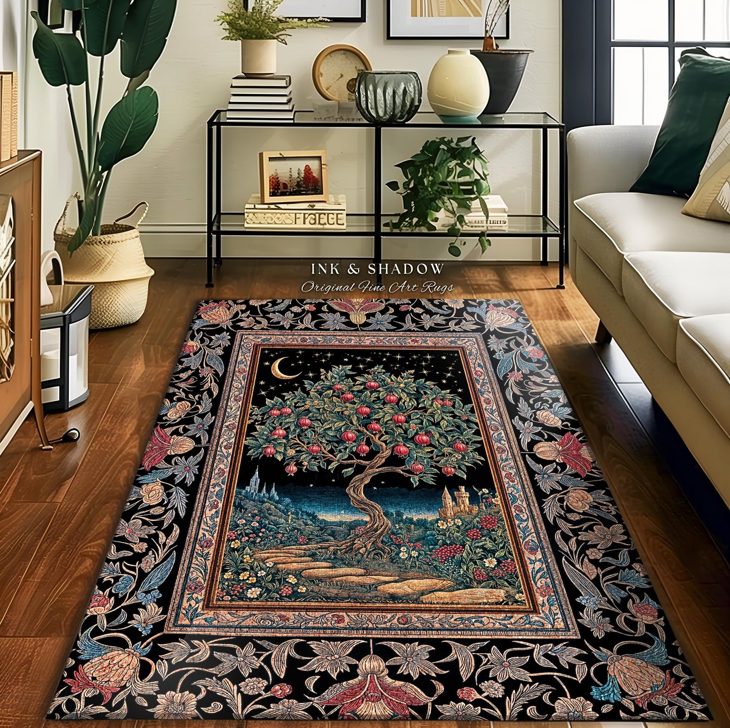 Twilight Orchard Tree of Life Round Rug | Enchanted Harvest Aesthetic Crimson Medieval Moonlit Magic Art Eclectic Interior Home Floor Accent