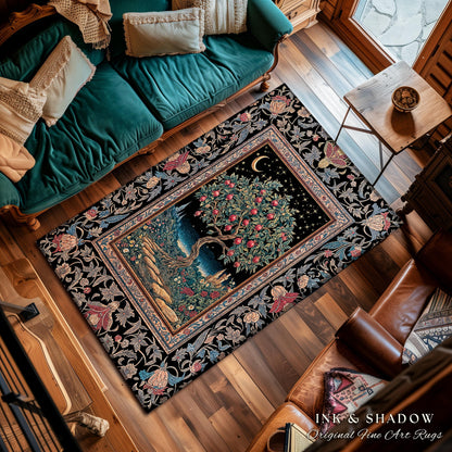 Twilight Orchard Tree Life Area Rug | Enchanted Harvest Aesthetic Crimson Moonlit Medieval Magic Style Eclectic Interior Home Accent Boho
