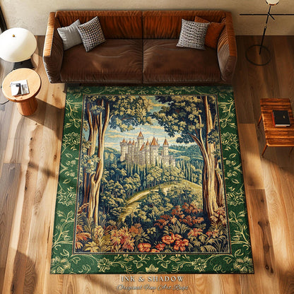 Fairytale Aesthetic Castle Round Rug | Fairycore Large Area Rug Folklore Inspired Magical Woodland Bedroom Decor Whimsigothic Mat Ethereal |